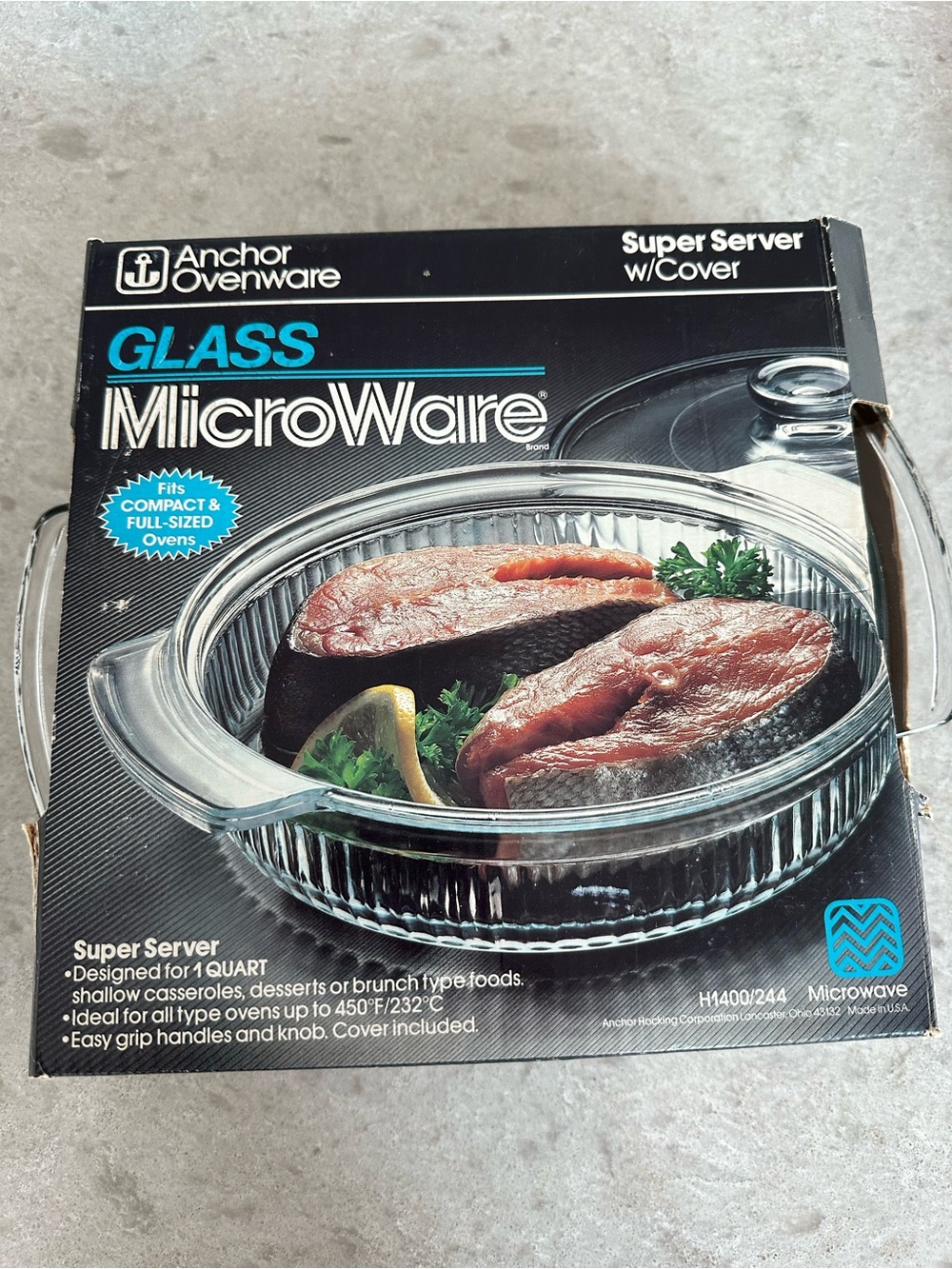 Anchor Hocking Ovenware Glass MicroWare Super Server w/ Lid 1 Qt NIB Vintage